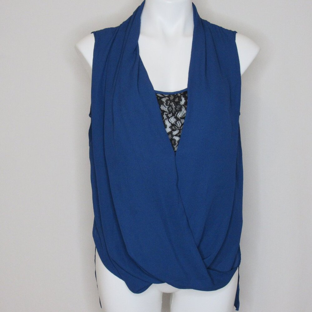 Vince Camuto Blue Faux Wrap Sleeveless Tunic Blouse Lace Insert Women's M Medium